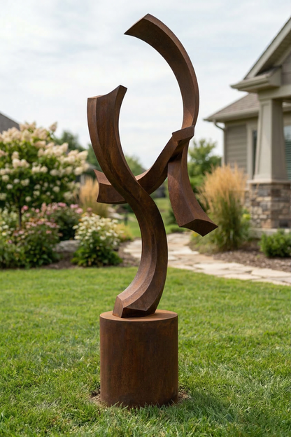 4.8 Ft Modern Rustic Metal Garden Sculpture with Round Base | Handmade Custom Outdoor Yard Art