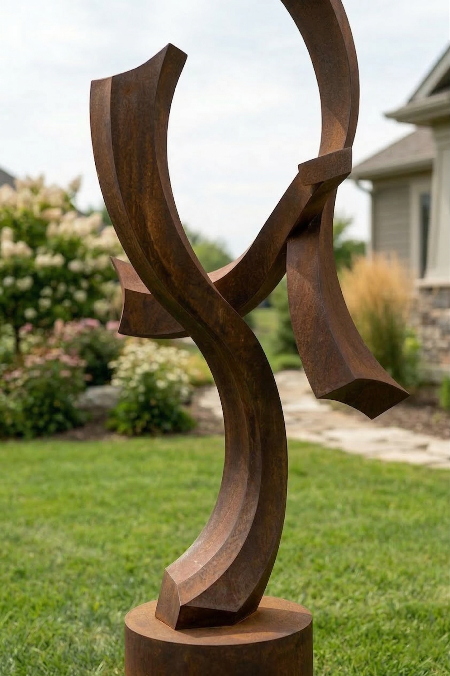 4.8 Ft Modern Rustic Metal Garden Sculpture with Round Base | Handmade Custom Outdoor Yard Art