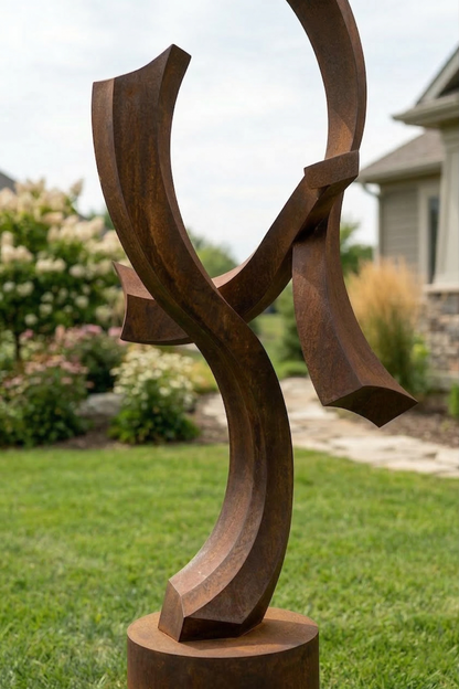 4.8 Ft Modern Rustic Metal Garden Sculpture with Round Base | Handmade Custom Outdoor Yard Art