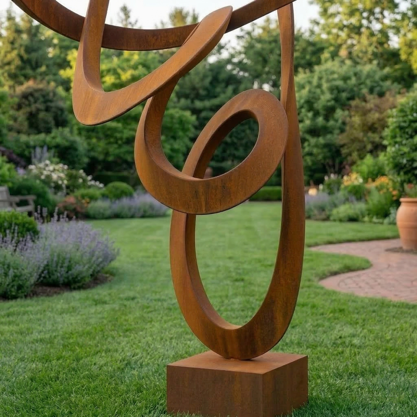 5.6 Ft Modern Metal Garden Sculpture with Square Base | Handmade Custom Outdoor Yard & Landscape Art