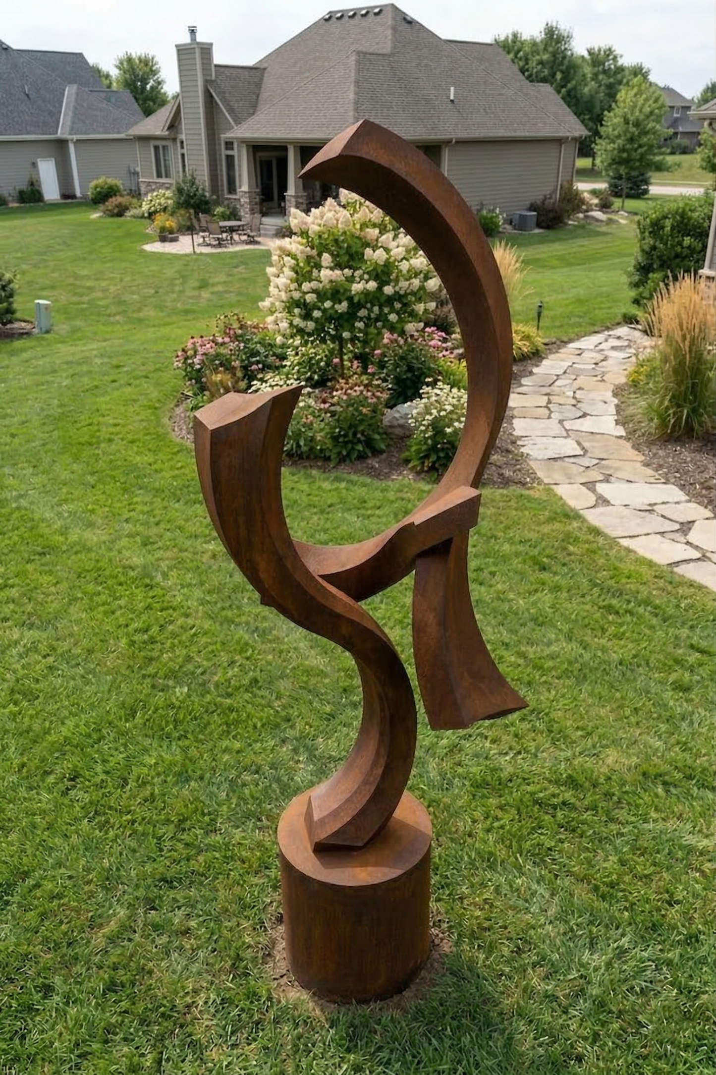 4.8 Ft Modern Rustic Metal Garden Sculpture with Round Base | Handmade Custom Outdoor Yard Art