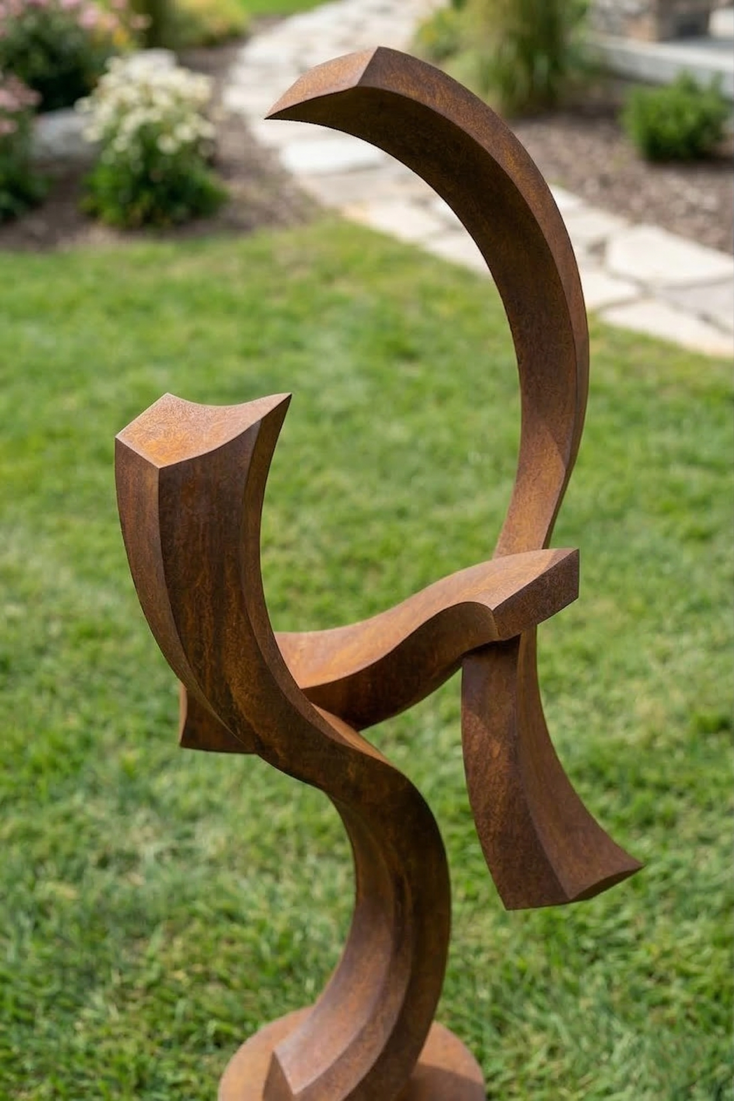4.8 Ft Modern Rustic Metal Garden Sculpture with Round Base | Handmade Custom Outdoor Yard Art