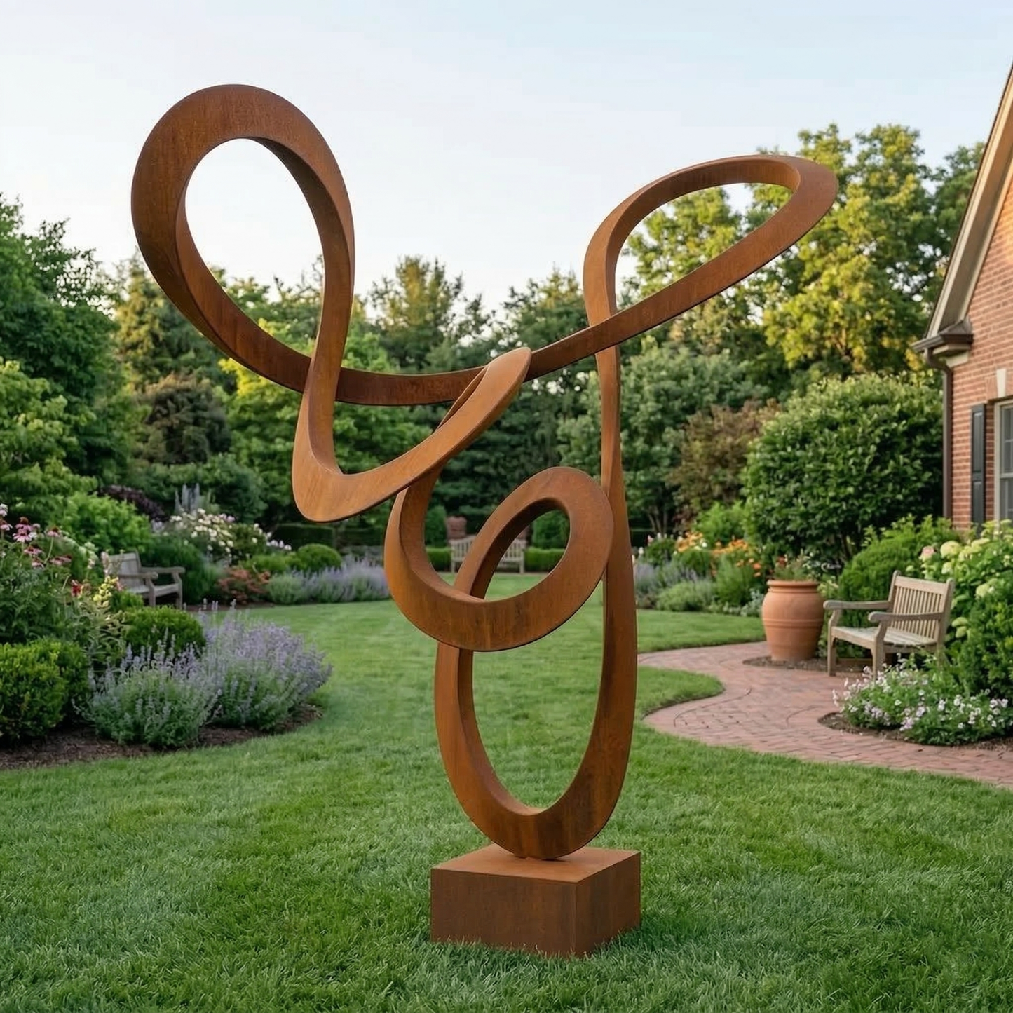5.6 Ft Modern Metal Garden Sculpture with Square Base | Handmade Custom Outdoor Yard & Landscape Art