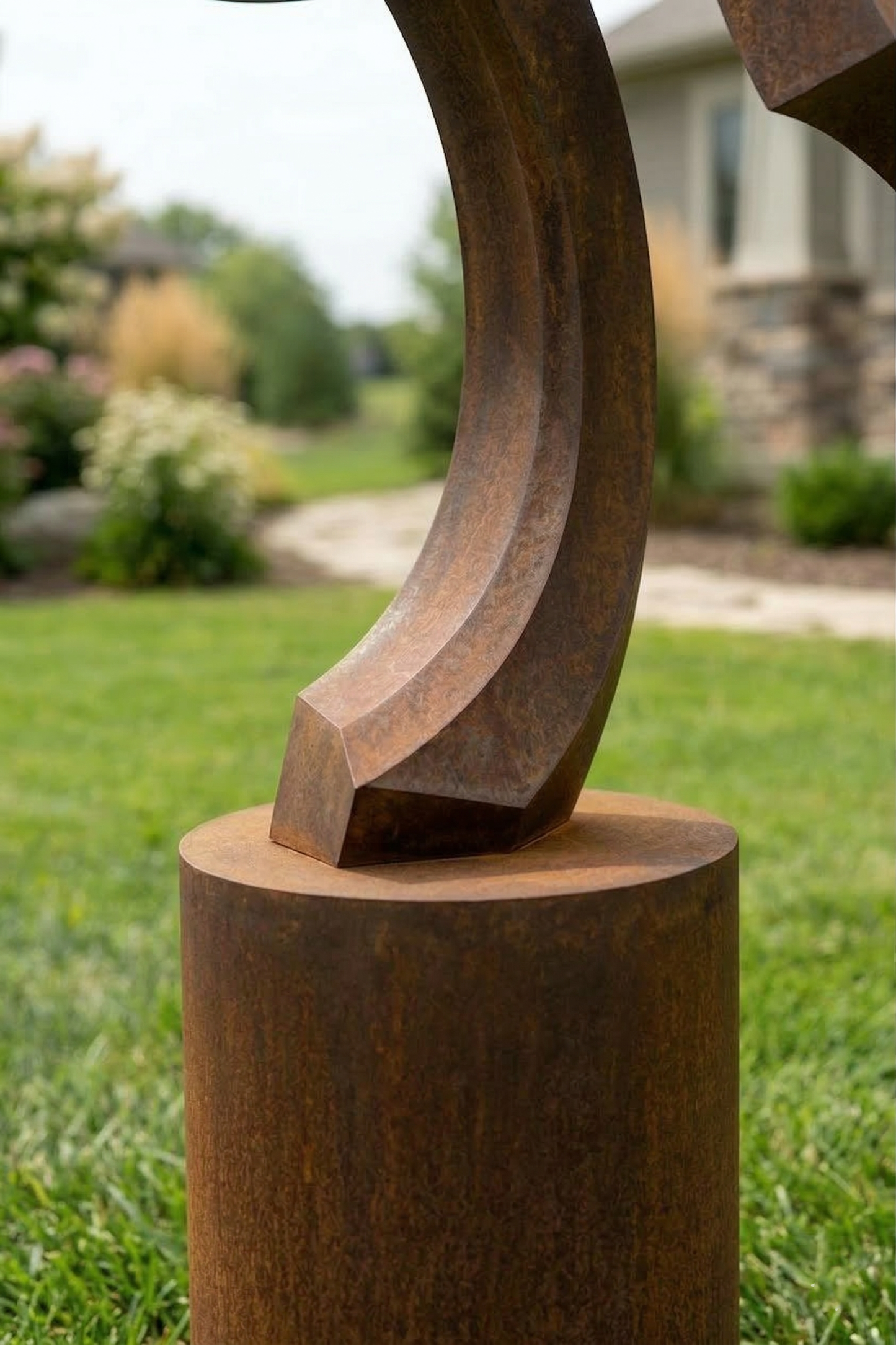 4.8 Ft Modern Rustic Metal Garden Sculpture with Round Base | Handmade Custom Outdoor Yard Art