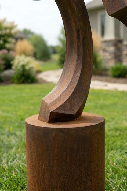 4.8 Ft Modern Rustic Metal Garden Sculpture with Round Base | Handmade Custom Outdoor Yard Art