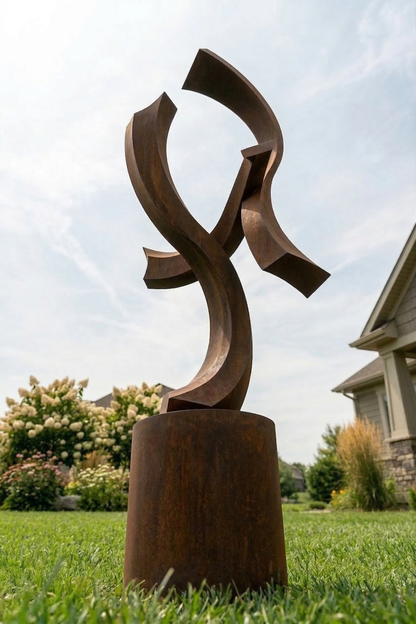 4.8 Ft Modern Rustic Metal Garden Sculpture with Round Base | Handmade Custom Outdoor Yard Art